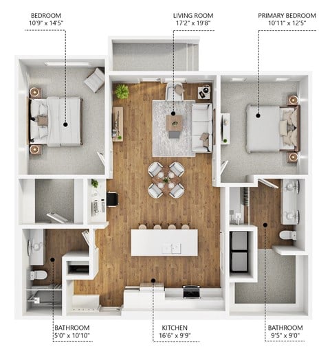 Floor plan for 2 beds, 2 baths, 1130 sqft